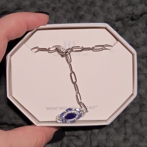 Silver-Link Necklace with Blue Gem and Crystal Halo
